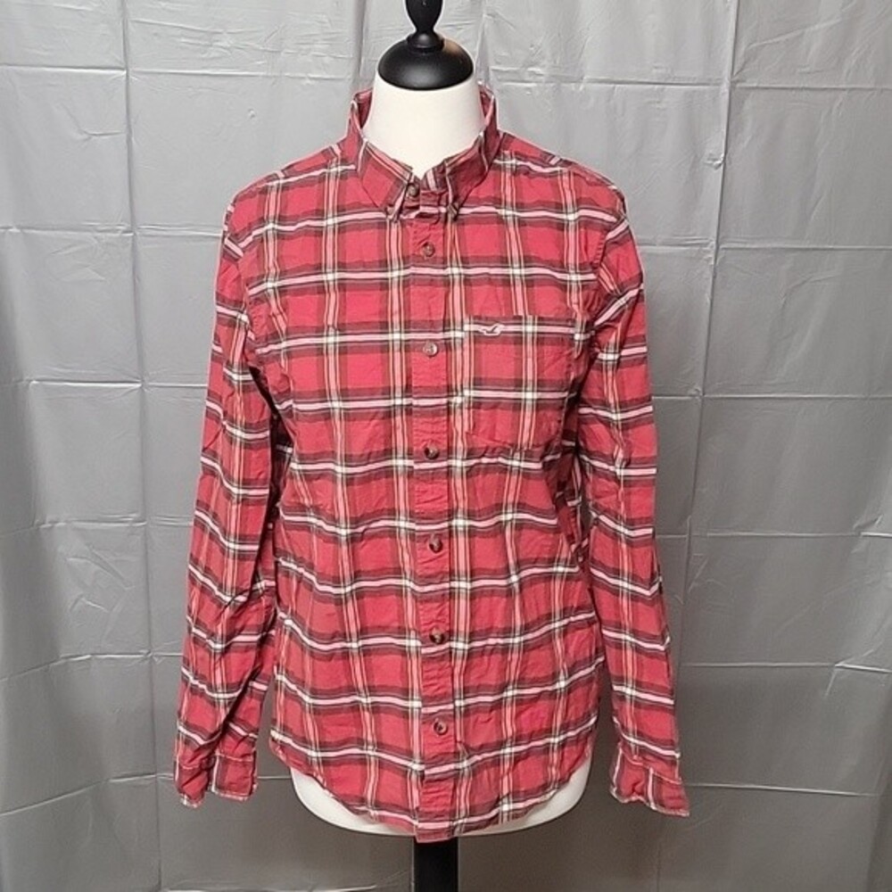 Hollister Men's Long Sleeve Sz M Red Plaid Button Down Collar Classic Preppy